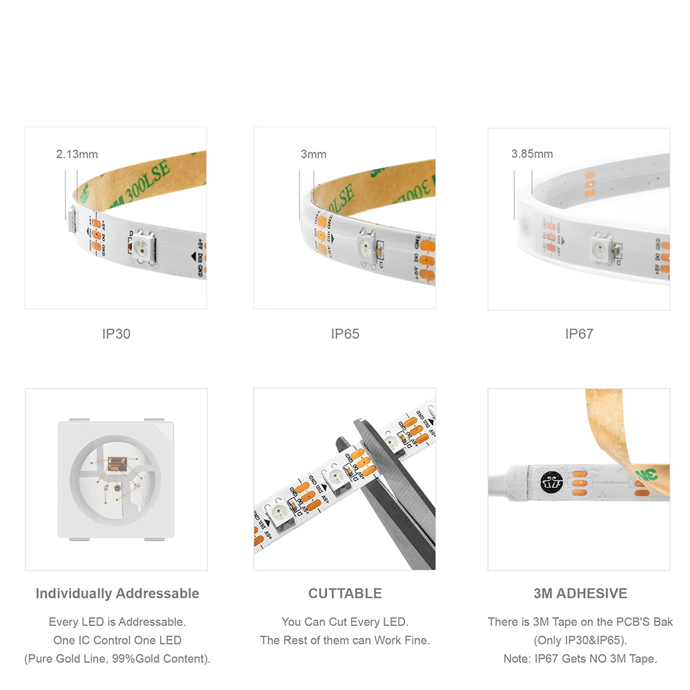 Bande LED RGB adressable individuellement, 1m 2m 4m 5m, WS2812B 30/60/74/96/100/144 pixels/leds/m, WS2812, PCB noir/blanc IP30/65/67 5V