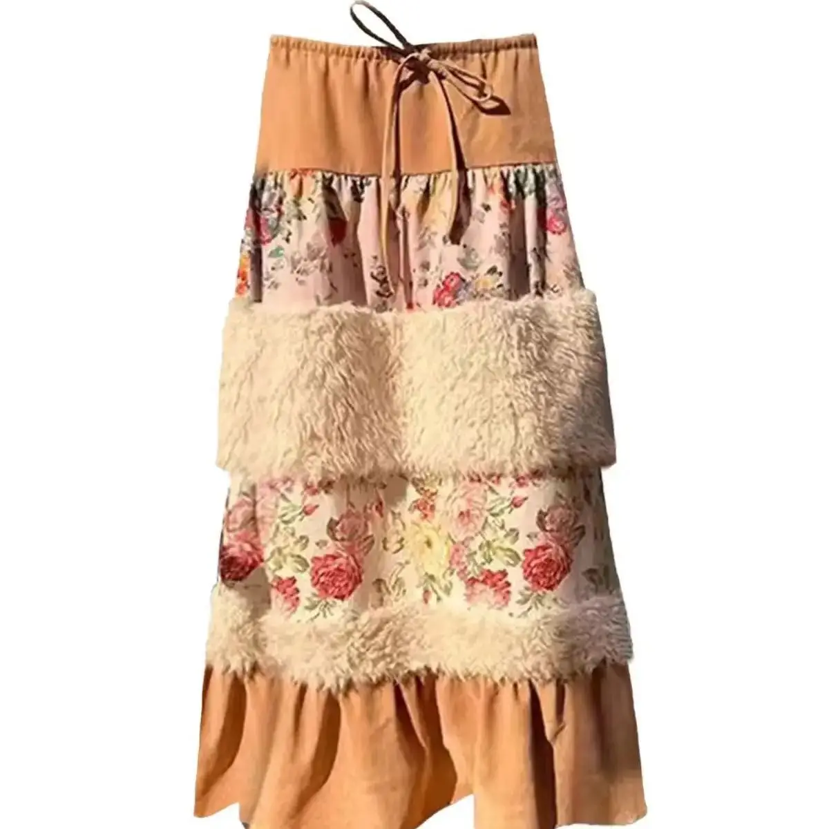 الجديد في شتاء خريف 2025 تنورة طويلة مرقعة من الفرو الصناعي بخصر منسدل للنساء تنانير كلاسيكية متوسطة الطول ملابس نسائية