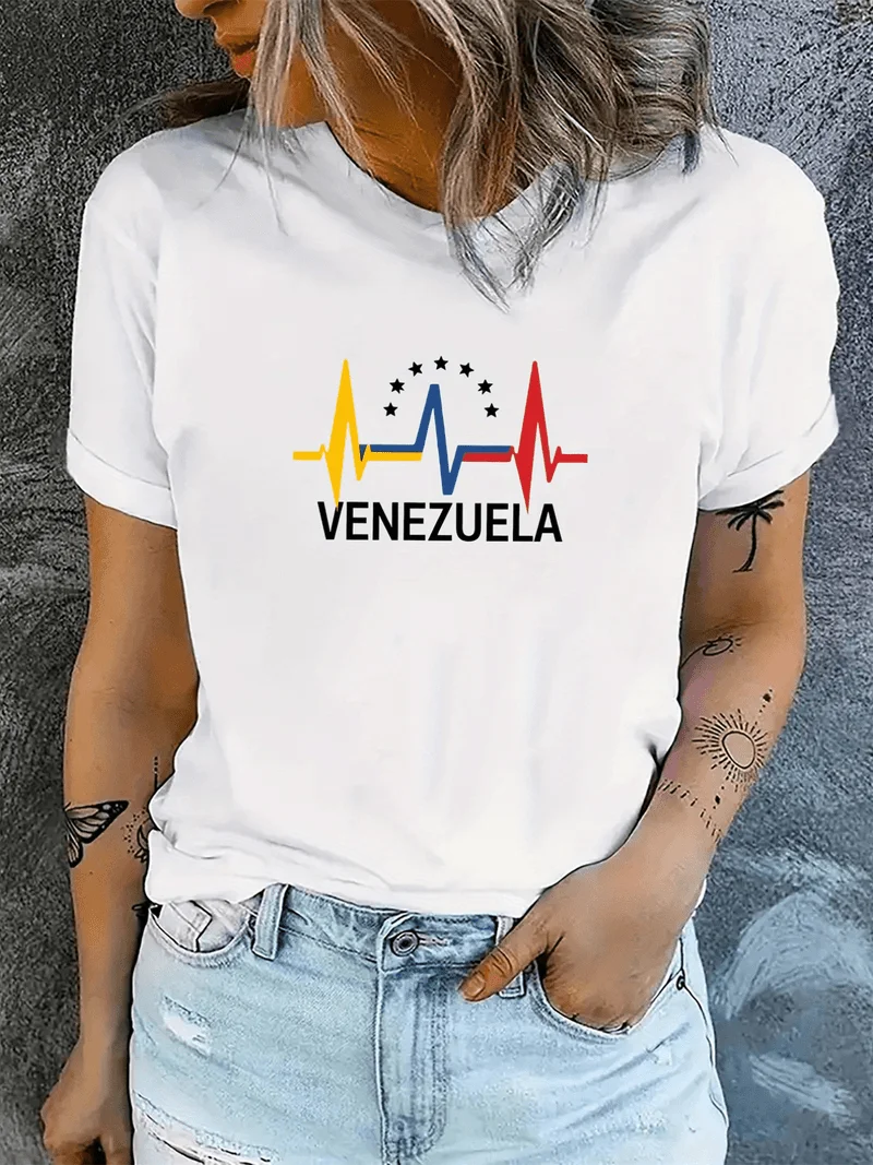 Women's Venezuelan Print Short Sleeve T Shirt Themed Casual Round Neck Top National Symbols Landmarks Machine Washable Souvenir