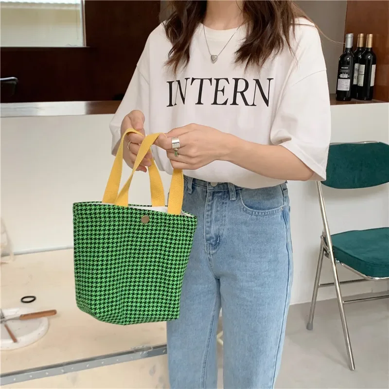 Retro Plaid Women Woolen Shoulder Bag Houndstooth Handbags Student Girl Lunch Bento Bags Hand Carrying Female Cloth Shopping Bag