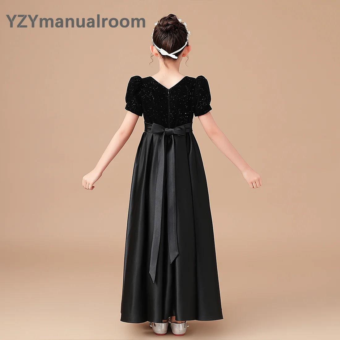 YZYmanualroom-Robe longue plissée en satin noir pour filles, robe de princesse élégante, velours haut de gamme, concours de beauté, demoiselle d'honneur