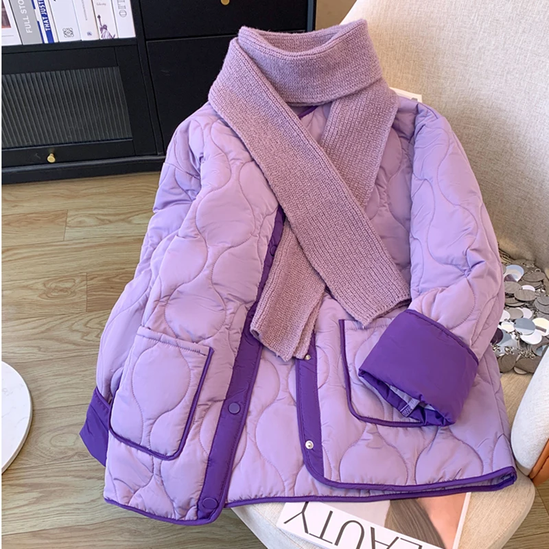 Purple Light Diamond Plaid Down Cotton Coats Women Parka Winter 2024New Fashion Short Jacket Ladies Single-breasted Overcoat Top