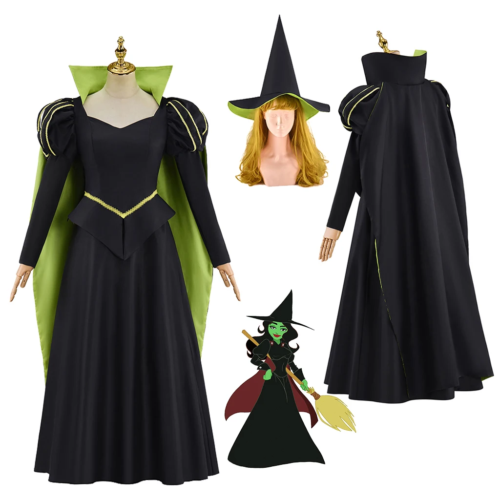 Disfraz de Elfaba de Cosplay malvado, vestido de mago Medieval negro con sombrero de capa, conjunto completo de disfraces de bruja de Halloween para mujer