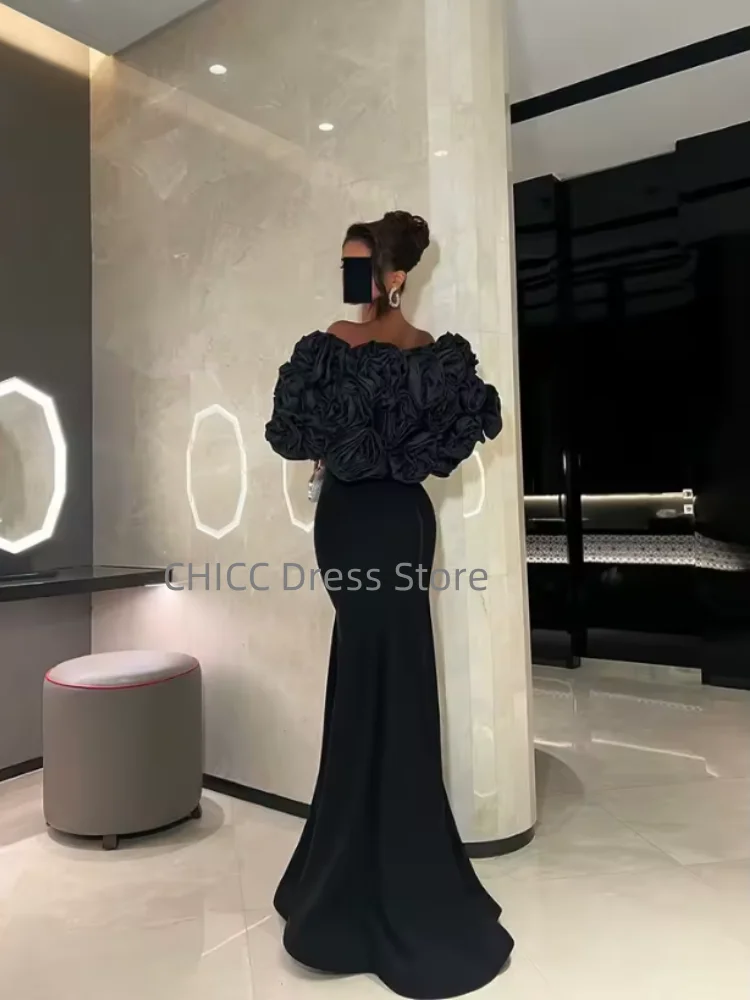 Arabic Evening Dresses Sweetheart Black Mermaid Prom Dress Flower Sleeves Women Party Gown Customized فساتين سهرة