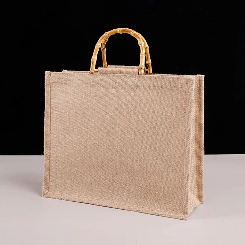 Portable Burlap Jute Tote Shopping Bag Vintage Reusable Grocery Bag With Handle Diy Handbag Gift Bag Ladies Big Size Beach Bags