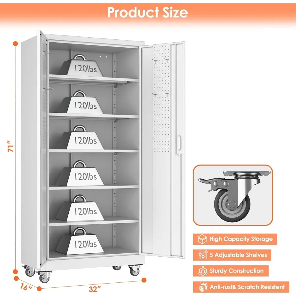 Металлический шкаф для хранения на колесах, 71 Г x 32 Вт x 16D, 5 регулируемых полок, 4 крючка, стальной органайзер для гаража