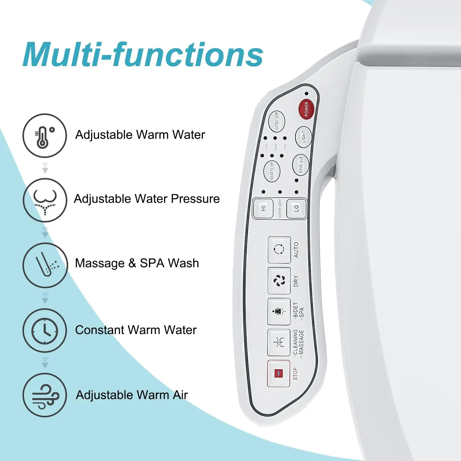 A102D Bidet Toilet Seat, Round Smart Unlimited Warm Water, Vortex Wash, Electronic Heated, Warm Air Dryer, Rear and Front