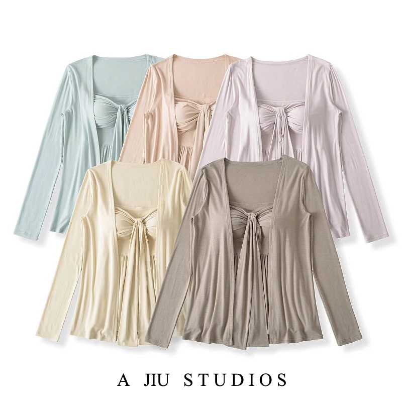 

Женский сексуальный длинный открытый кардиган све, повседневный свободный солнцезащитный костюм из двух предметов Pure Desire с накладкой на грудь Lazy Feeling