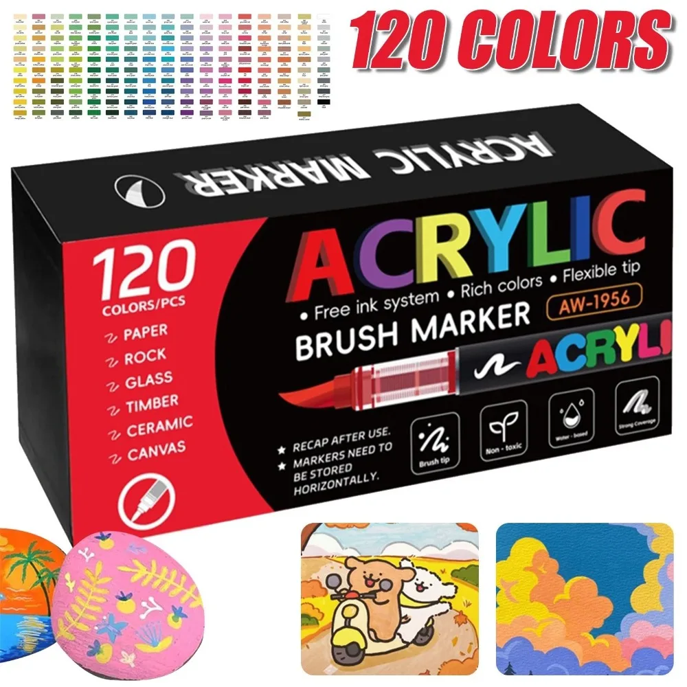 Ensemble de pinceaux professionnels 120 couleurs à séchage rapide - Pointes de stylo de 1 à 5 mm, parfaites pour peindre de grandes surfaces et des détails - Idéal pour la peinture sur pierres, verre, toile, céramique, bois