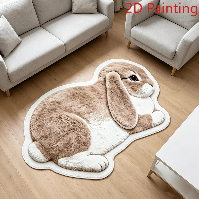 VIKAMA Lying Flop Ear Rabbit Shaped Rug 2D Faux Fur Print Non Slip Irregular Living Room Bedroom Cute Animal Floor Mat Home