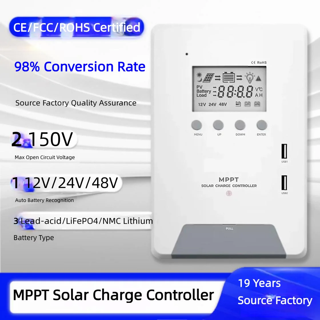 Smart MPPT Solar Charge Controller 12V 24V 40A 60A High Efficiency Home Solar Panel Regulator with Auto Recognition LCD Display