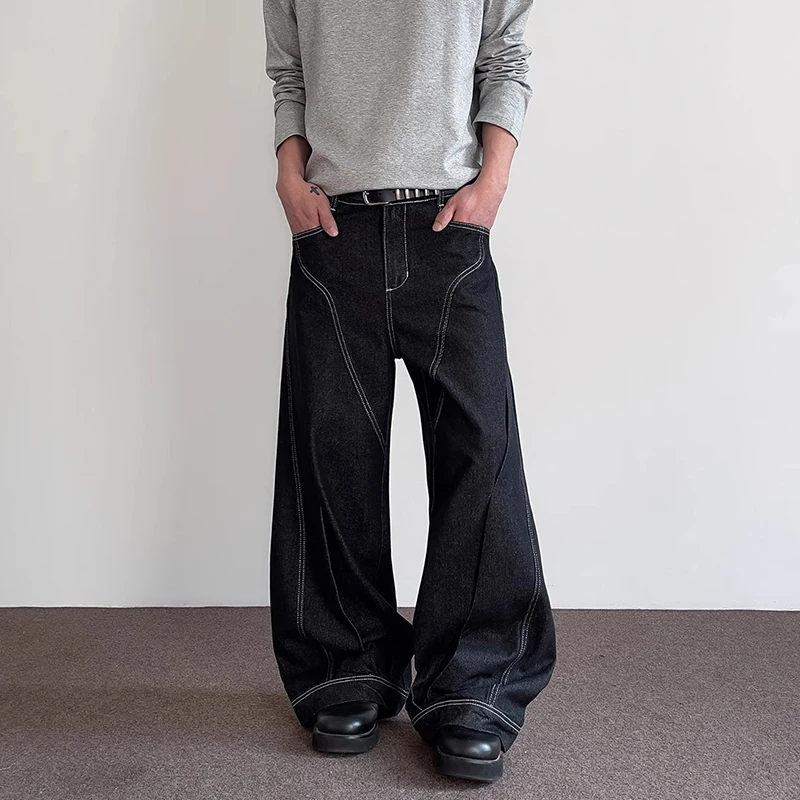 WTHT Moda Uomo Patchwork a righe Pantaloni in denim stile americano Vintage Jeans a gamba larga a vita alta Uomo 2025 Estate 2A1193