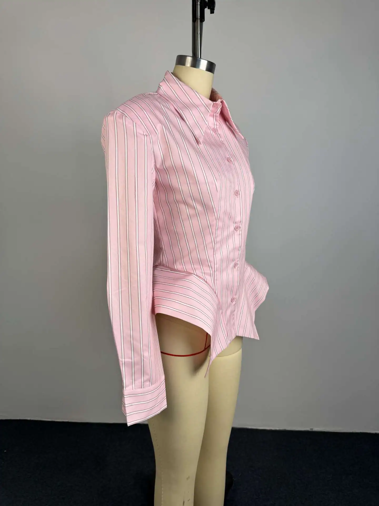 Women's Spring Summer Lapel Striped Fitted Asymmetrical Hem Shirt Casual Office Date 2026 New Trendy Feminine Fashion Shirt