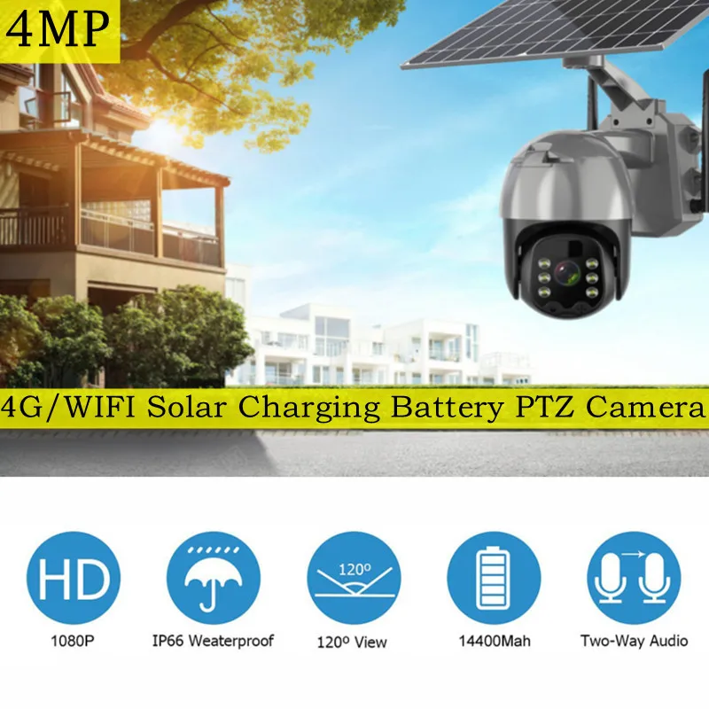 4MP 4G WIFI Solar Camera Built-in Battery Outdoor IP Camera 4MP WIFI Wireless Security PTZ Camera PIR Motion Surveillance Camera