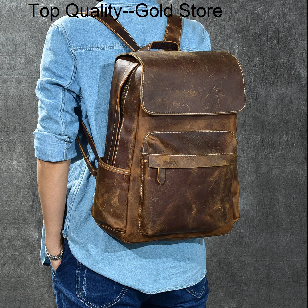 

Genuine Men Leather Backpack Crazy Horse Vintage Daypack Multi Pocket Casual Rucksack Handmade Tote Bolsa women