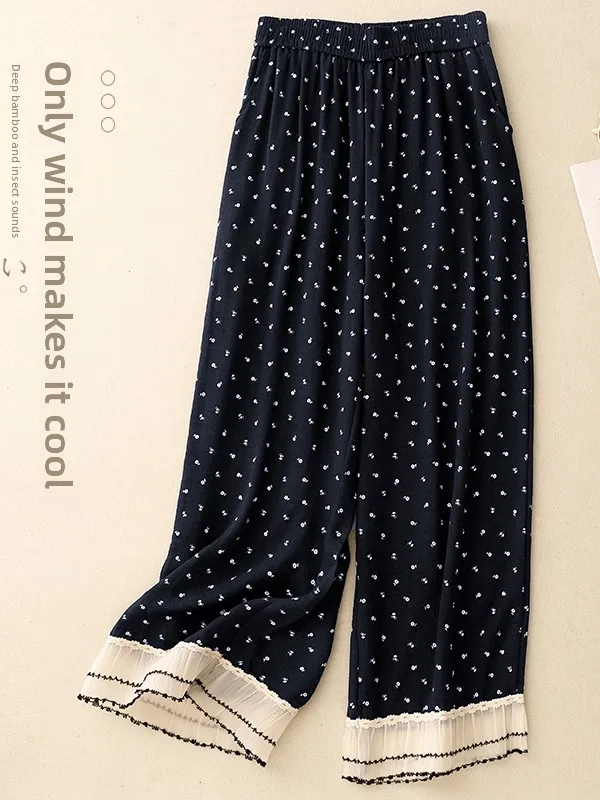Pantalones de pierna ancha con estampado de retazos y ribete de encaje, cintura elástica, pantalones largos informales de pierna recta, ropa de verano de talla grande para mujer...