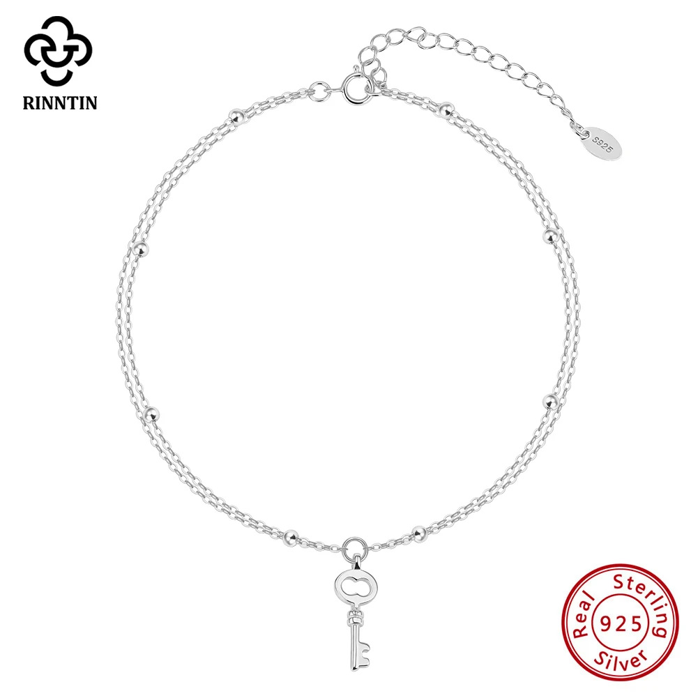 

Rinntin 925 Silver Double Layered Satellite Anklet for Women with Dangle Key Summer Foot Chain Bracelet Straps Jewelry SA102