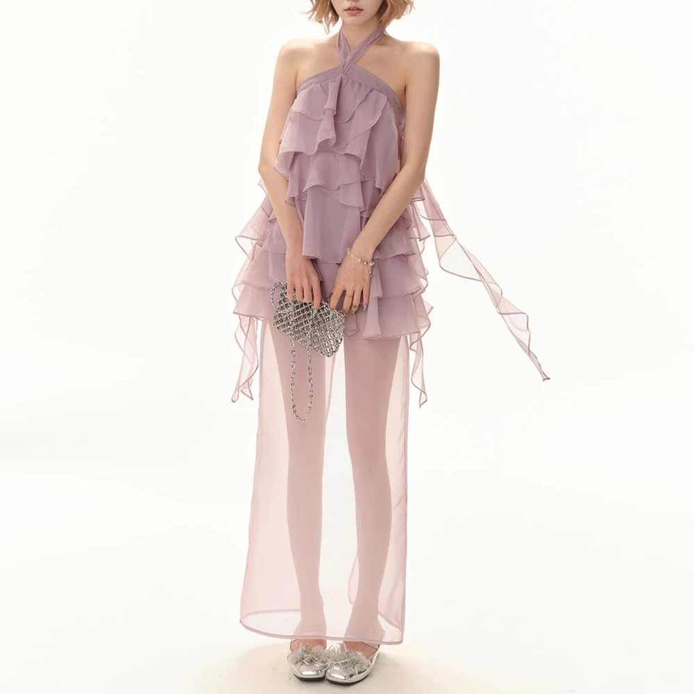 TWOTWINSTYLE Loose Sheer Spliced Ruffles Folds Elegant Dresses for Women Halter Neck Sleeveless Backless Dress Female Clothing