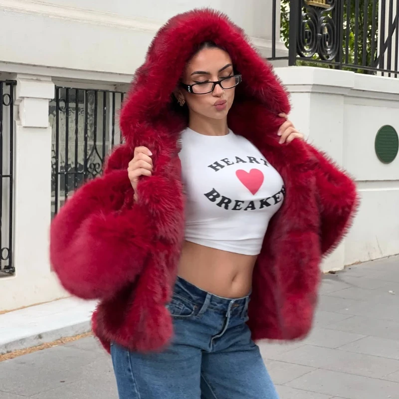

TARUXY Solid Color Hooded Lmitation Fur Coat Women's Fashion Loose Long Sleeves Plush Thick Jacket Winter New High Street Female