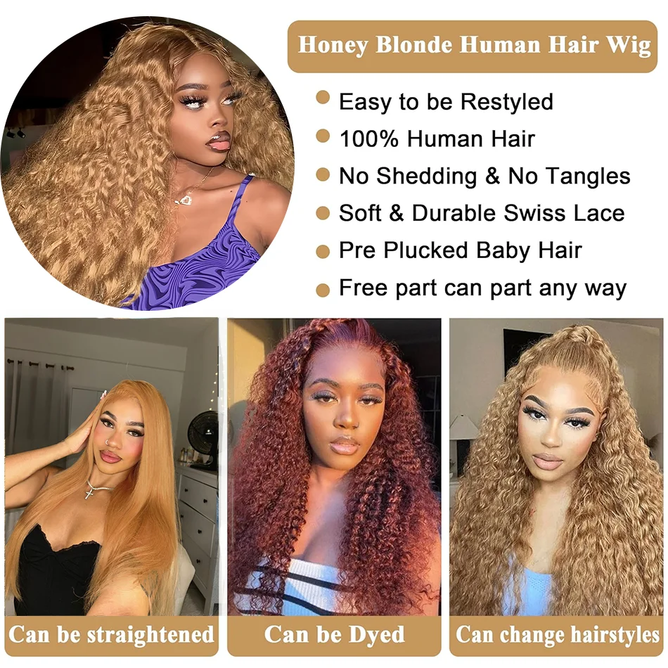 27# Honey Blonde Curly Human Hair Wig 13X6 HD Transparent Lace Frontal Pre Plucked Wig 13x4 30 36 Inch Lace Front Colored Wigs image 5