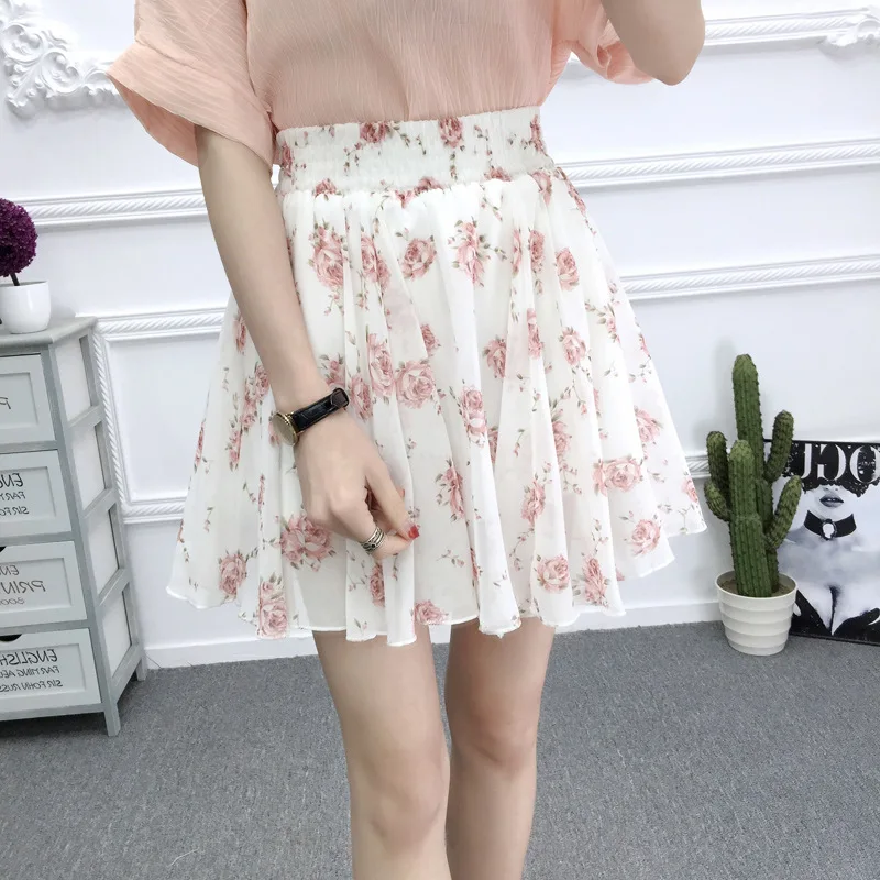 27 Colors Women\'s skirt summer New high waist printed chiffon pleated floral short skirt Safety one word floral mini skirt