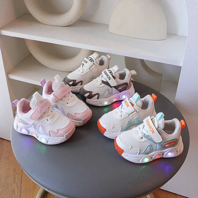 Spring Autumn Breathable Casual Light-up Sneakers Kids Soft Non-slip Running Shoes Children Casual Shoes Boys Girls Thick-soled