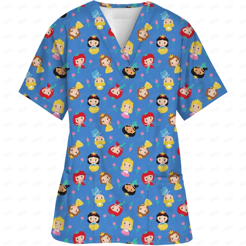 Nursing Uniforms Disney Princess Print Medical Working Clothes Women Men Beauty Salon Healthcare Short Sleeved Shirt Scrub Tops