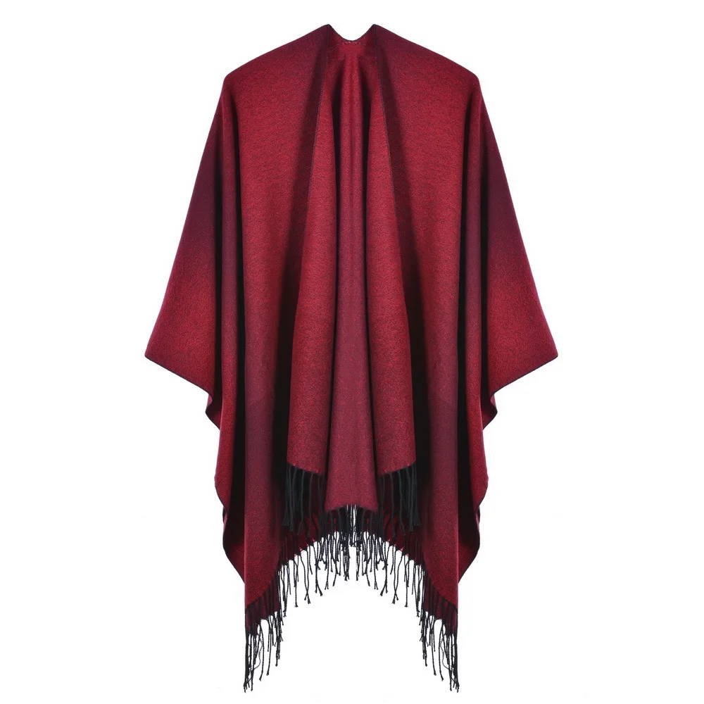 

Autumn Winter Women's Jacquard Shawl European American Street Fashion Fork Thickened Cloak For Warmth Ponchos Capes Red