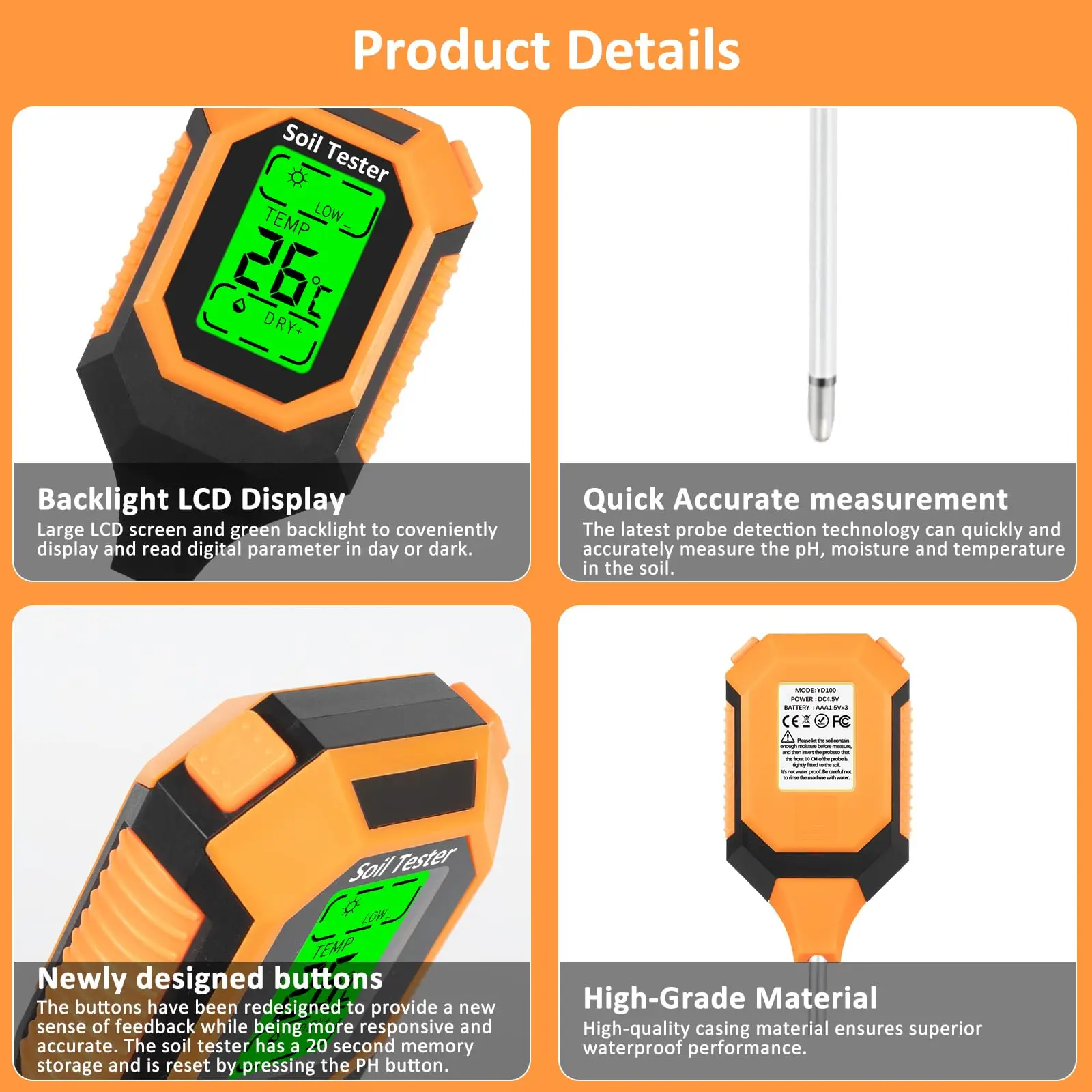 Multi-Function Soil Tester PH/Salinity/Moisture/Sunlight/Air Humidity/Temp Backlight LCD 4 in 1  PH Meter for Gardening Plants