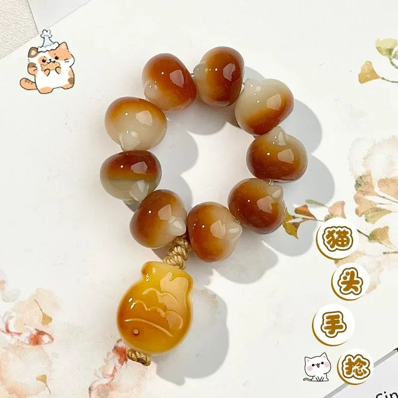 Cute Dunhuang Cat Head Bodhi Hand Twisted Bracelet Buddhist Prayer Beads for Women Meditation & Worry Relief Gifts