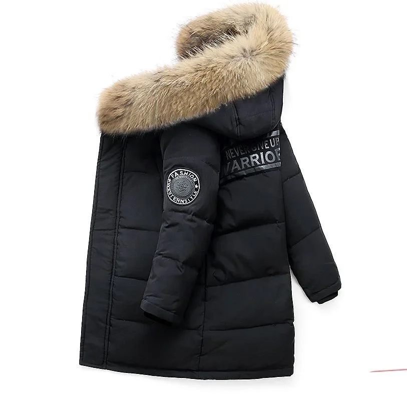 -30℃ Winter Boys Jacket Long Style Letter Print Thick Big Fur Collar Hooded Overcoat For 5-12Y Teen Kids Down Cotton Snowsuit