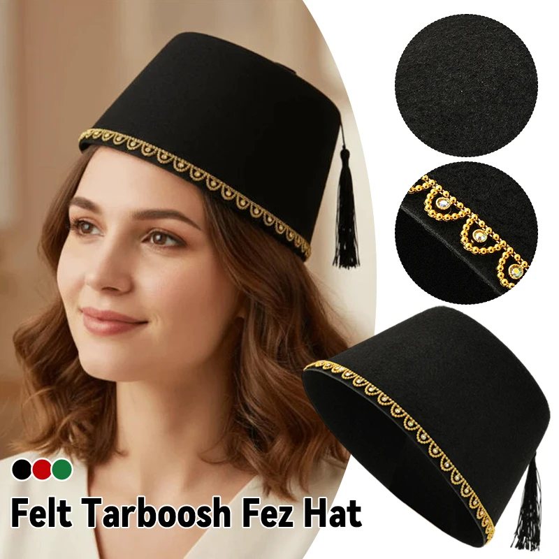 

Breathable Moroccan Fez Hat Red Felt Turkish Tassel Cap Universal Tarboosh Fez for Cosplay Stage Party Cultural Festival