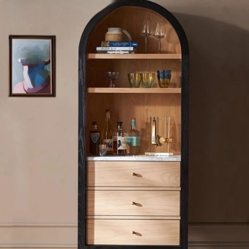

French retro solid wood arched bookcase, living room light luxury wine cabinet, open decorative cabinet, wall locker
