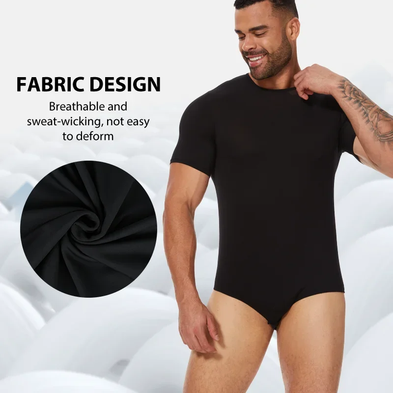 Ropa moldeadora de cuello redondo para hombre, Body de manga corta con botón de presión, ropa interior en la entrepierna, mono con Control de