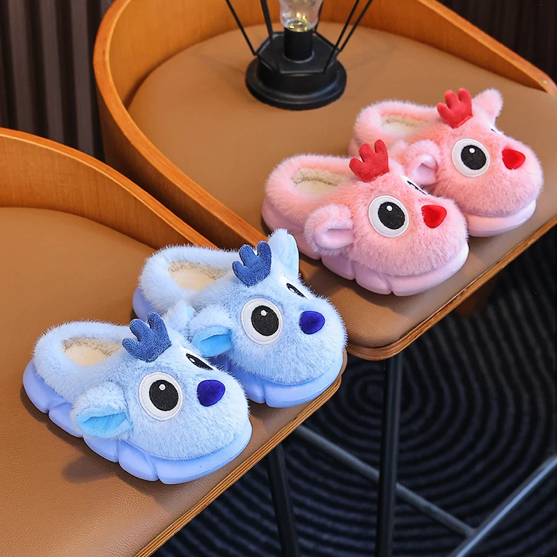 

Cute Deer Cartoon Kids Slippers Plush Warm Indoor Shoes Non-slip Winter Home Slippers for Children Boys Girls