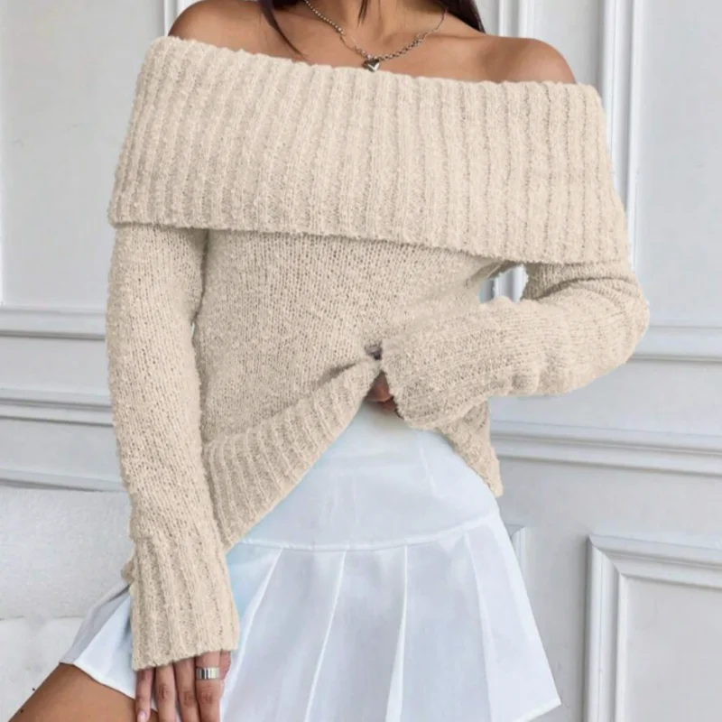 Women\'s sexy off-shoulder lapel sweater tops casual solid color long-sleeved pullover autumn and winter knitted pullover