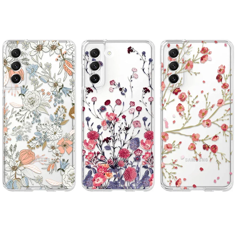 for Samsung Galaxy S24 S23 S22 S21 S20 Ultra Plus FE 5G A54 A53 A73 A52S A33 A72 Case Cute Flower Clear Soft Full Camera Cover