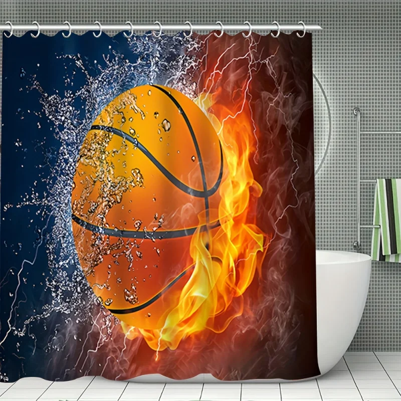 1/4 Water Fire Basketball , Decorative Bathroom Set Including Waterproof Shower Curtain, Non-slip Floor Mat, T