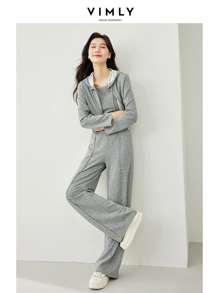 Vimly Three Piece Set Sweatsuits for Women 2024 Spring Hooded Jacket Tank Top Wide Leg Pant Sport Suits Hoodies Tracksuit M6007