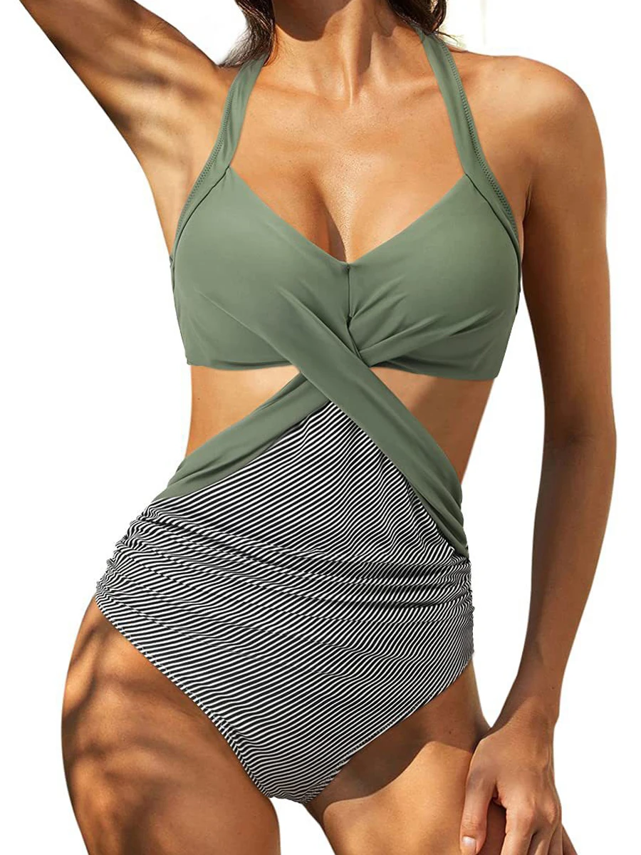 2025 Solid Printed Swimwear Women Halter One Piece Swimsuit Female Swimming Monokini Suit Padded Beachwear Bodysuit Summer image 6