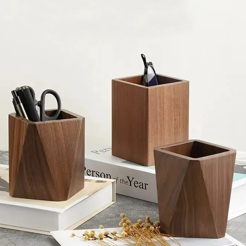 

Pen Holder Wooden Container Desk Solid Tabletop Stationery Finishing Storage Office