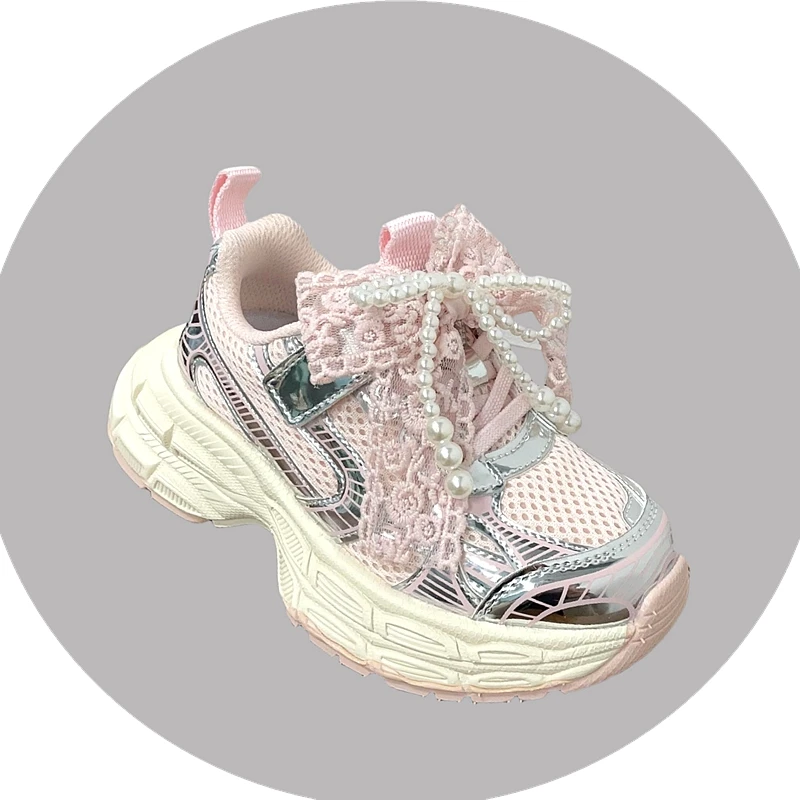 

Brand Girls Tennis Shoes Beading Pearls Kids Lightweight Breathable Sneakers Lace-up Running Athletic Shoes for Toddler Women