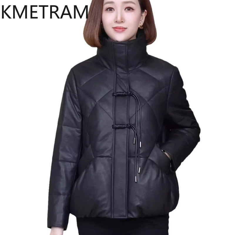 100% 양피 퍼퍼 자켓 여성 고품질 정품 가죽 짧은 블랙 다운 코트 2025 겨울 의류 여성 Пуховик Женский