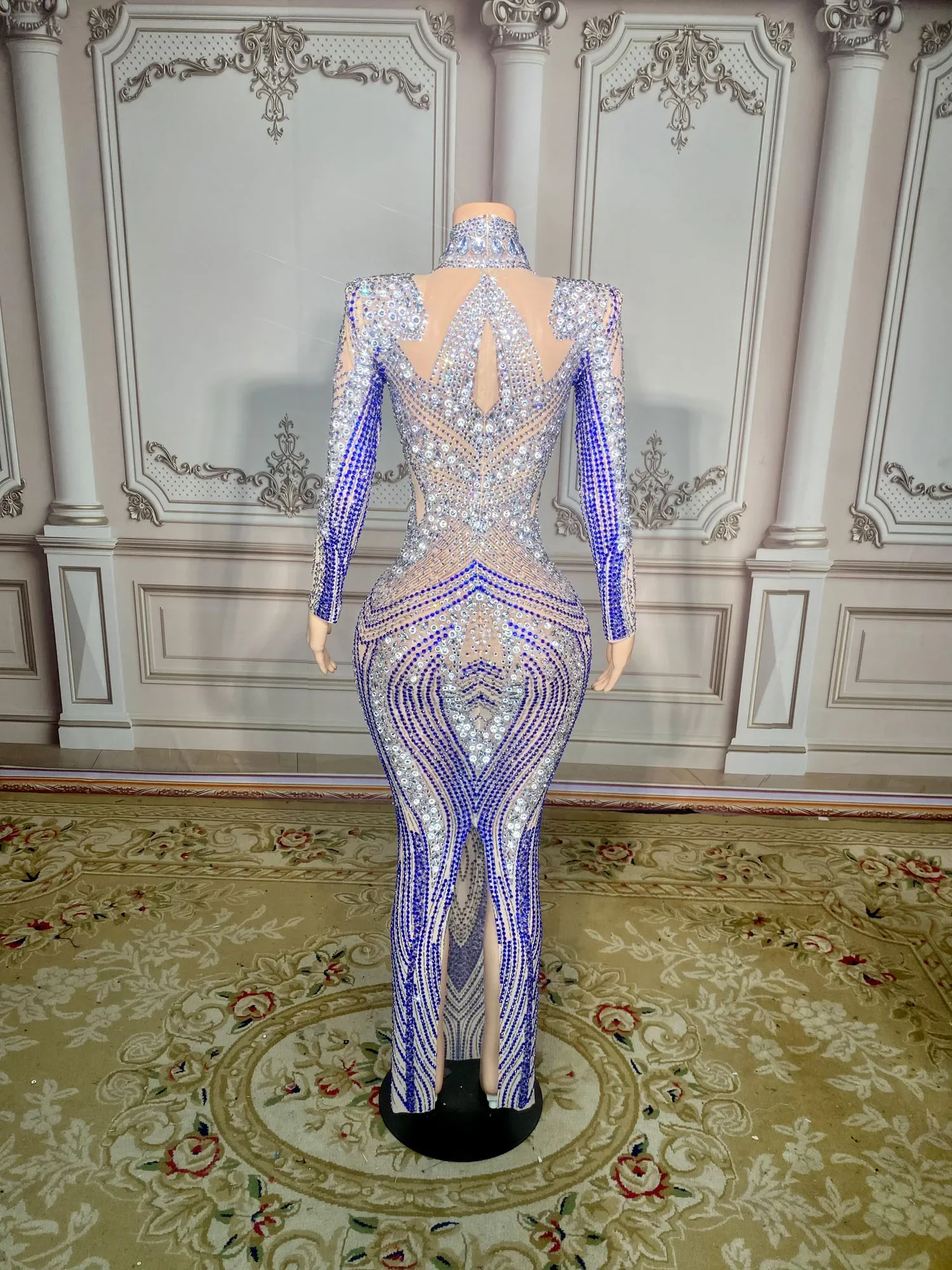 Customized New Sexy Lace Transparent Diamond Pearl Sequins Feather Water Diamond Wrap Hip Dress Long Dress Performance Dress