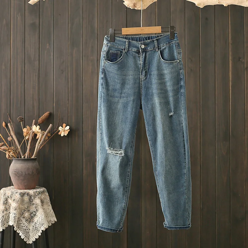 

Summer Thin High Waist Mom Jeans Women's Harlan Pants Large Size Hole Denim Slimming Nine Point Old Dad Cotton Stretch