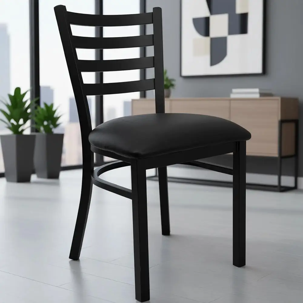 

Black Ladder Back Metal Restaurant Chair with Black Vinyl Seat