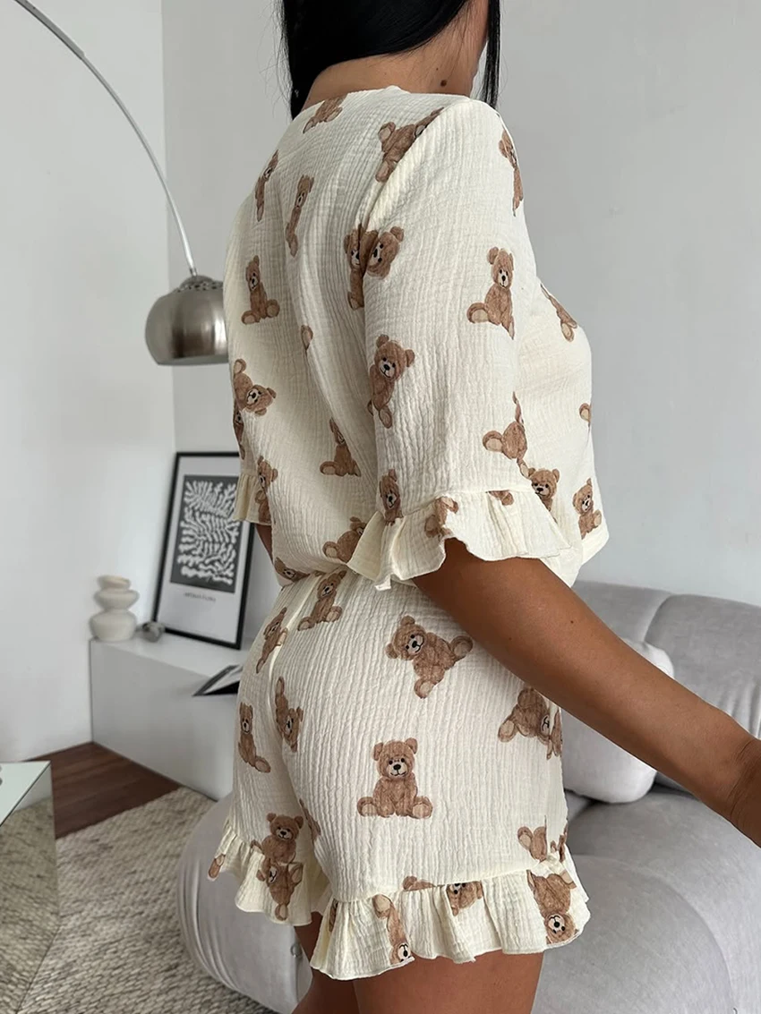 Martahqiqi Casual Women Nightgowns 2 Piece Set V-Neck Pajamas Long Sleeve Nightie Lace Up Sleepwear Shorts Printing Home Clothes