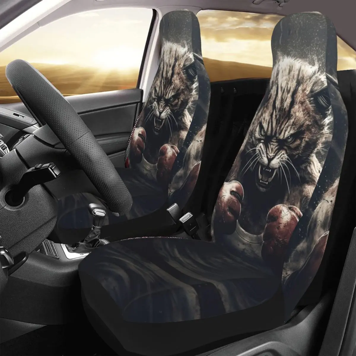 Boxing Old Angry Cat Miaw Car Seat Cover Custom Printing Universal Front Protector Accessories Cushion Set