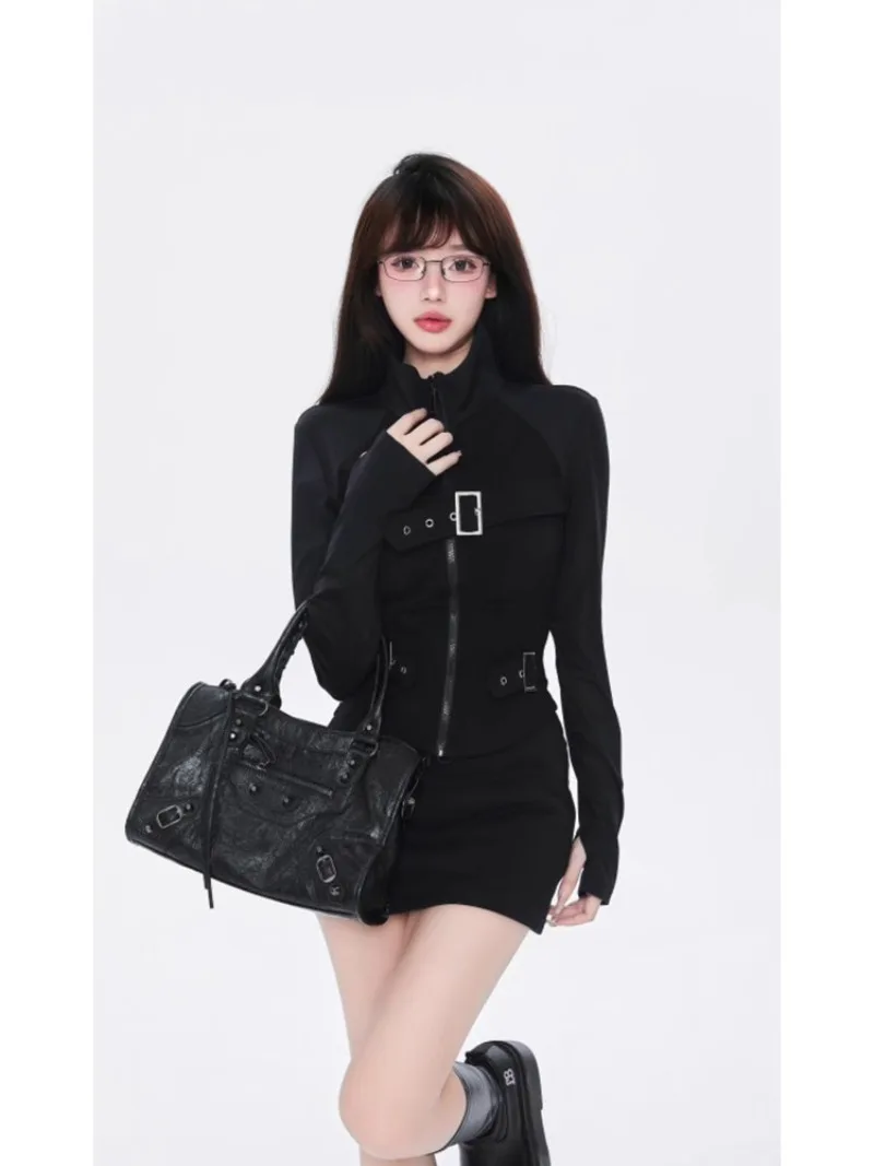 Spicy Girl Fashion Motorcycle Top Hip Wrap Skirt Two-piece Set Women Stand Collar Zipper Solid Cool Slim Autumn Casual Lady Wear