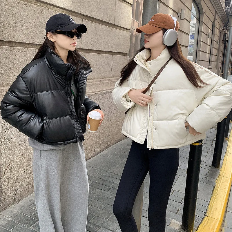 Women PU Leather Parkas Coats Short Overcoat Solid Stand Collar Zipper Long Sleeve Straight Thick Casual Office Lady Winter 2025